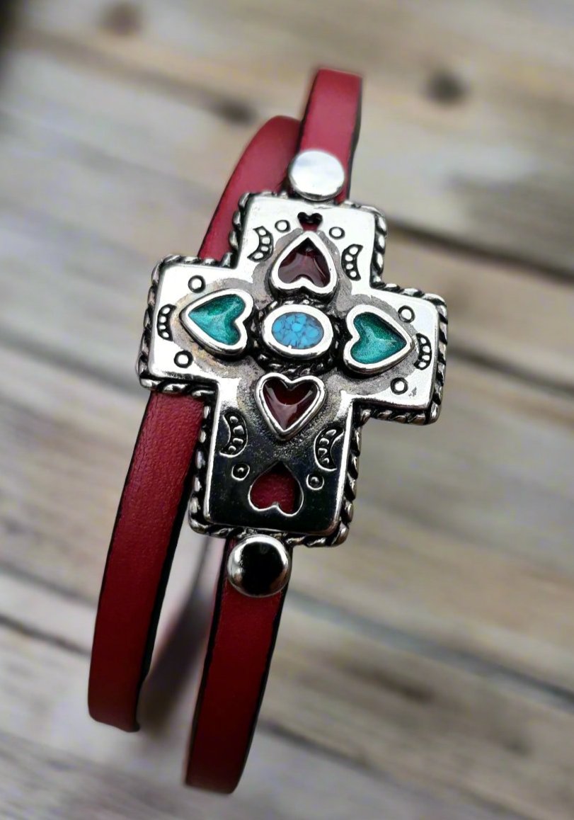 Turquoise Cross Leather Wrap Bracelet