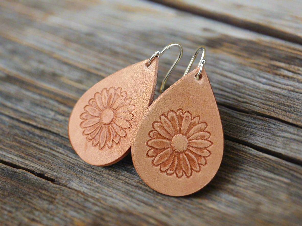 Sunflower Leather Earrings - Hand stamped Leather teardrop earrings