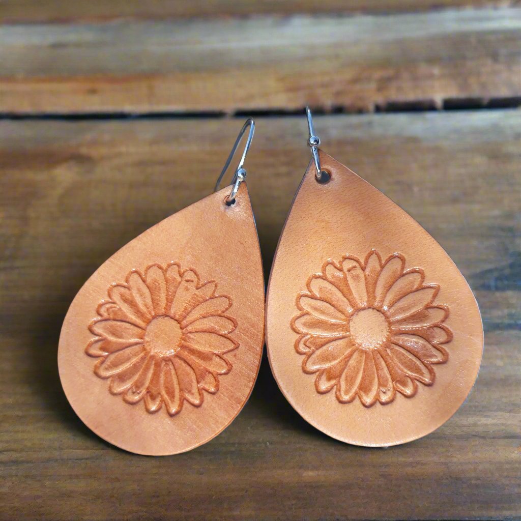 Sunflower Leather Earrings - Hand stamped Leather teardrop earrings