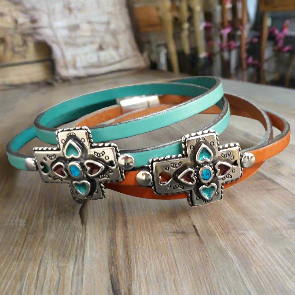 Turquoise Cross Leather Wrap Bracelet