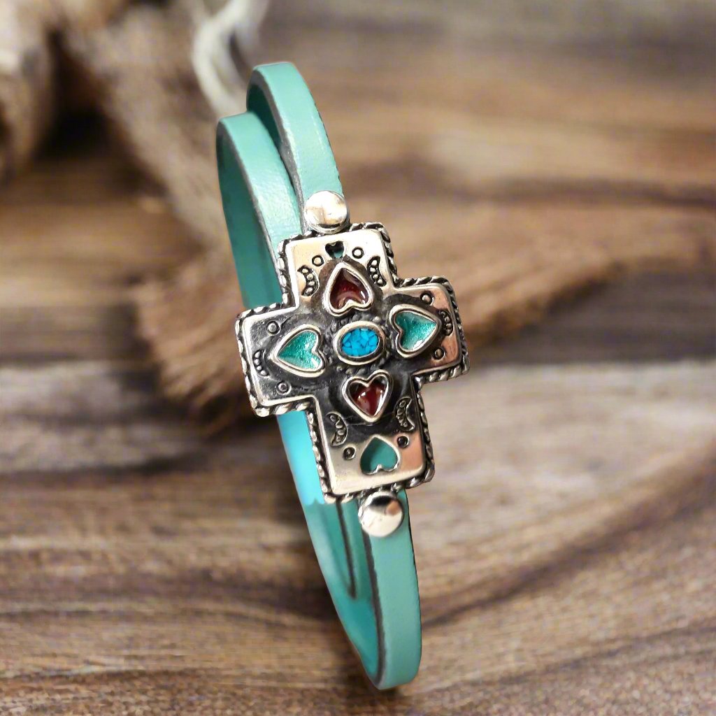 Turquoise Cross Leather Wrap Bracelet