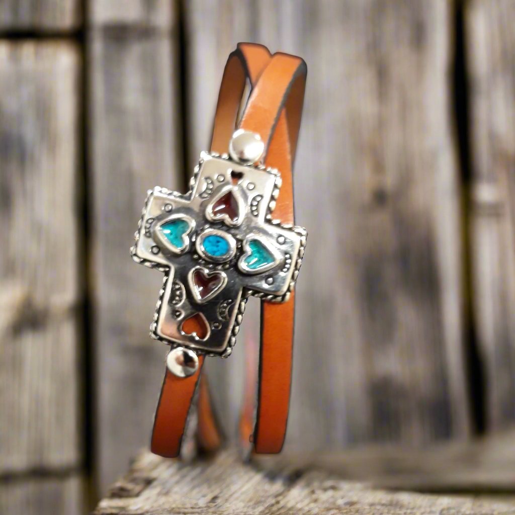 Turquoise Cross Leather Wrap Bracelet