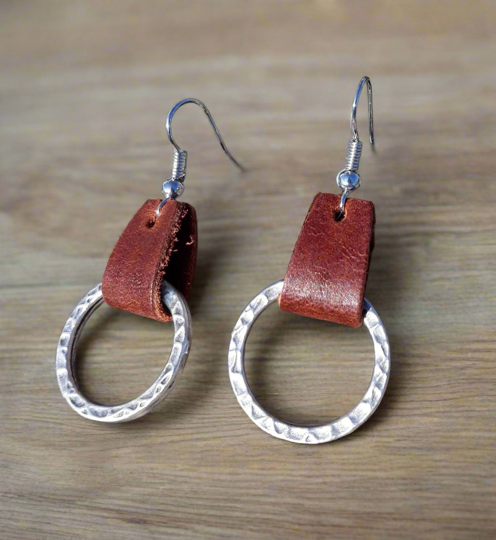 Leather &  Hammered Metal  Earrings