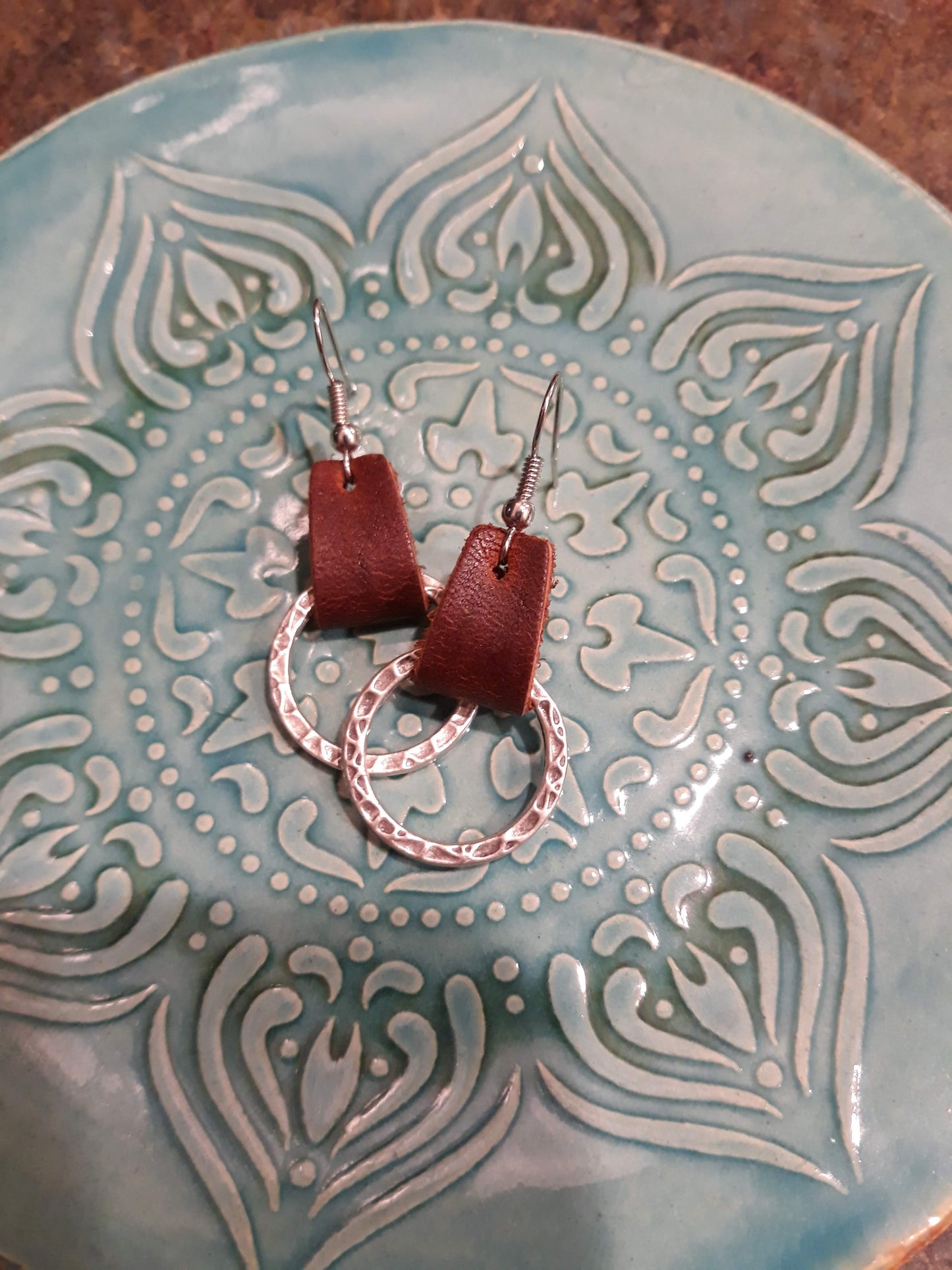 Leather &  Hammered Metal  Earrings