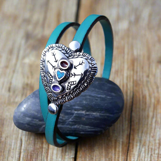 Turquoise Heart Leather Wrap Bracelet