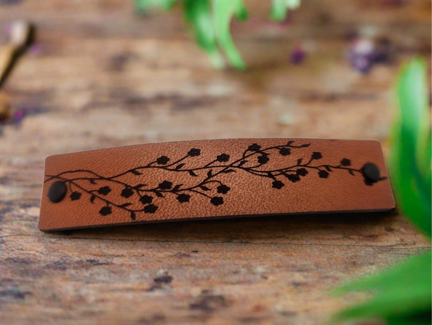 Flower Vine engraved leather barrette - French Barrette