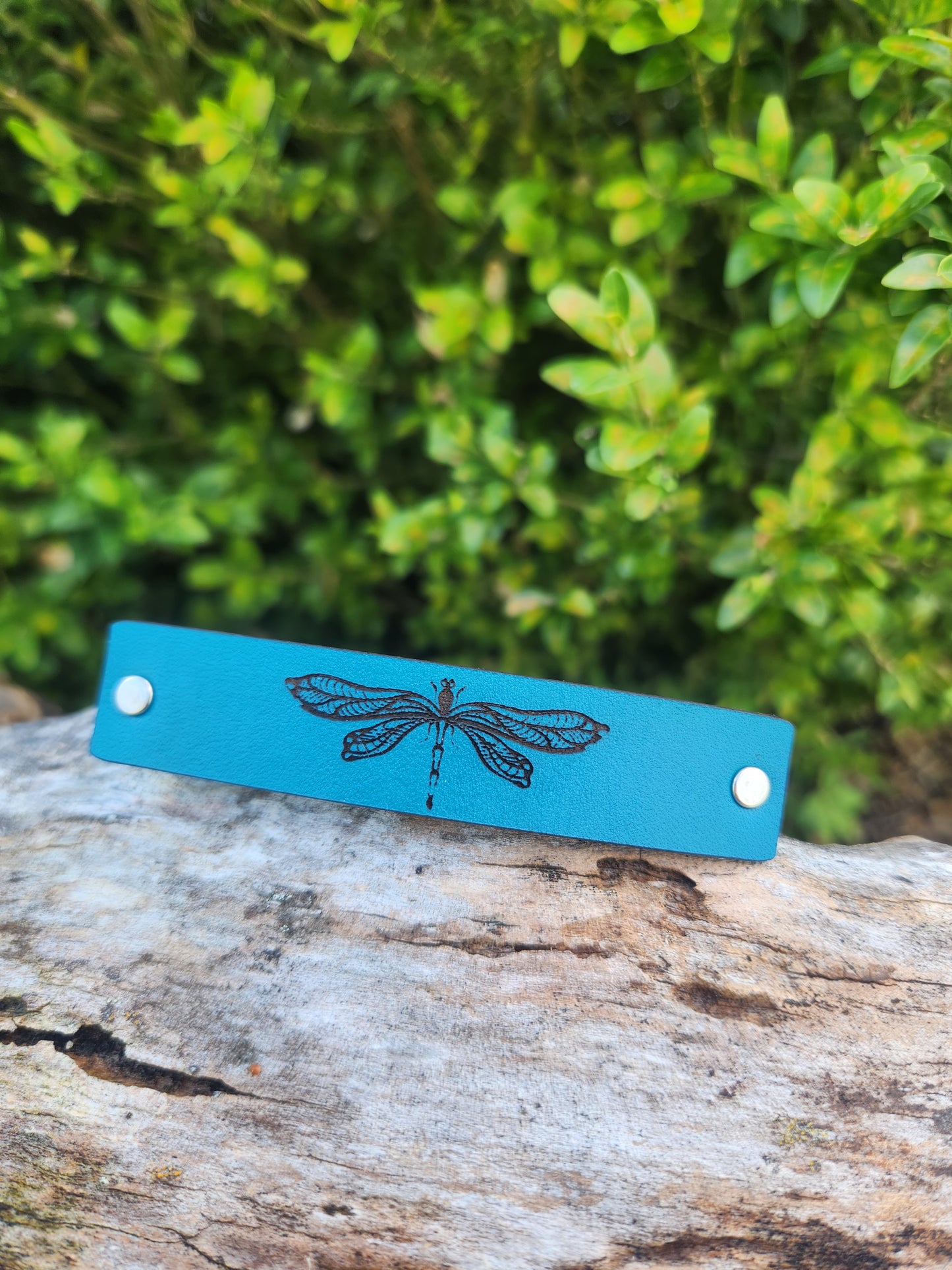 Dragonfly design leather barrette - engraved barrette