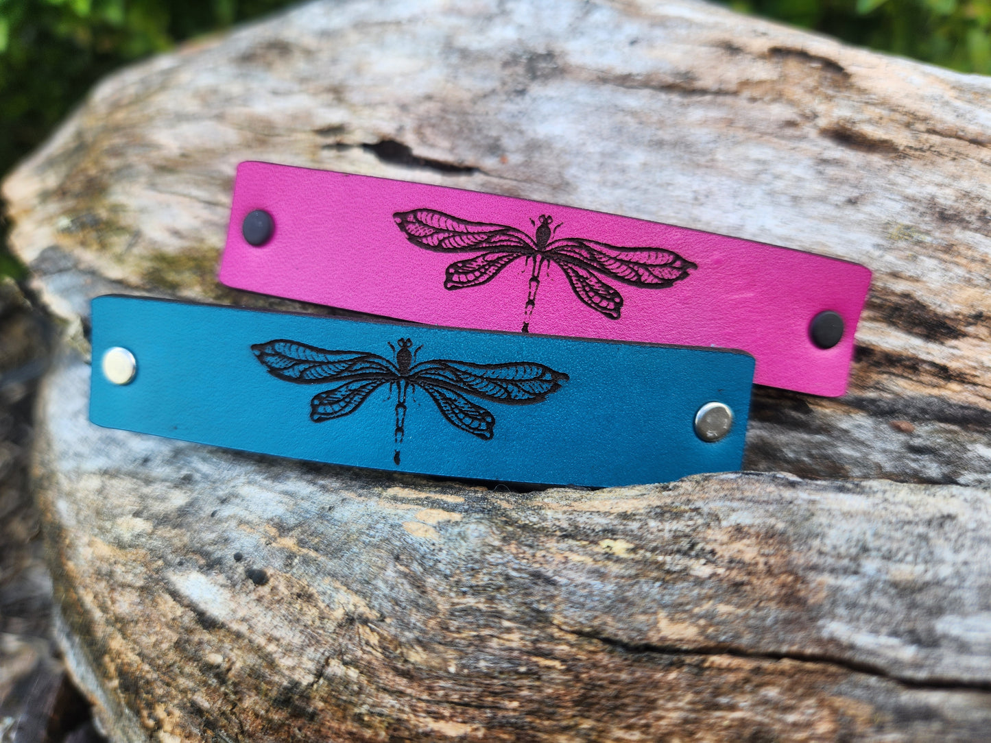 Dragonfly design leather barrette - engraved barrette