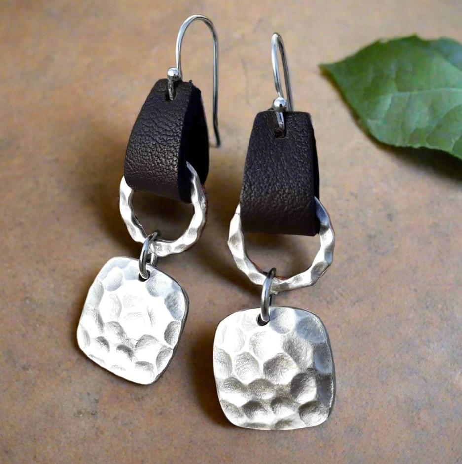 Leather &  Hammered Metal  Earrings