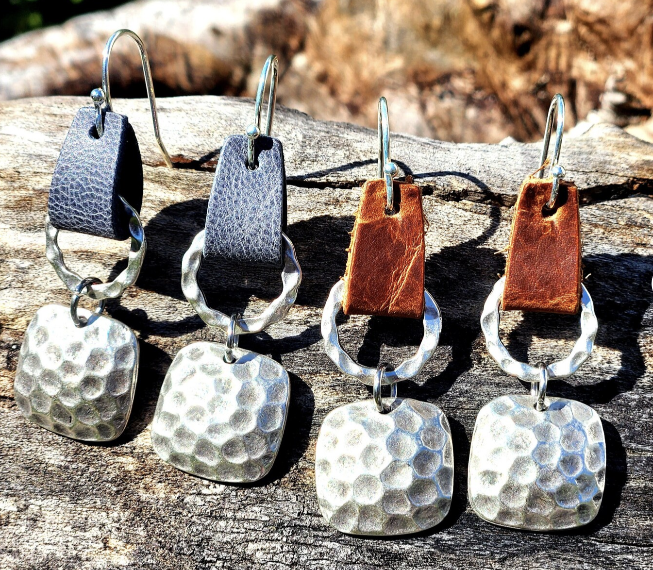 Leather &  Hammered Metal  Earrings