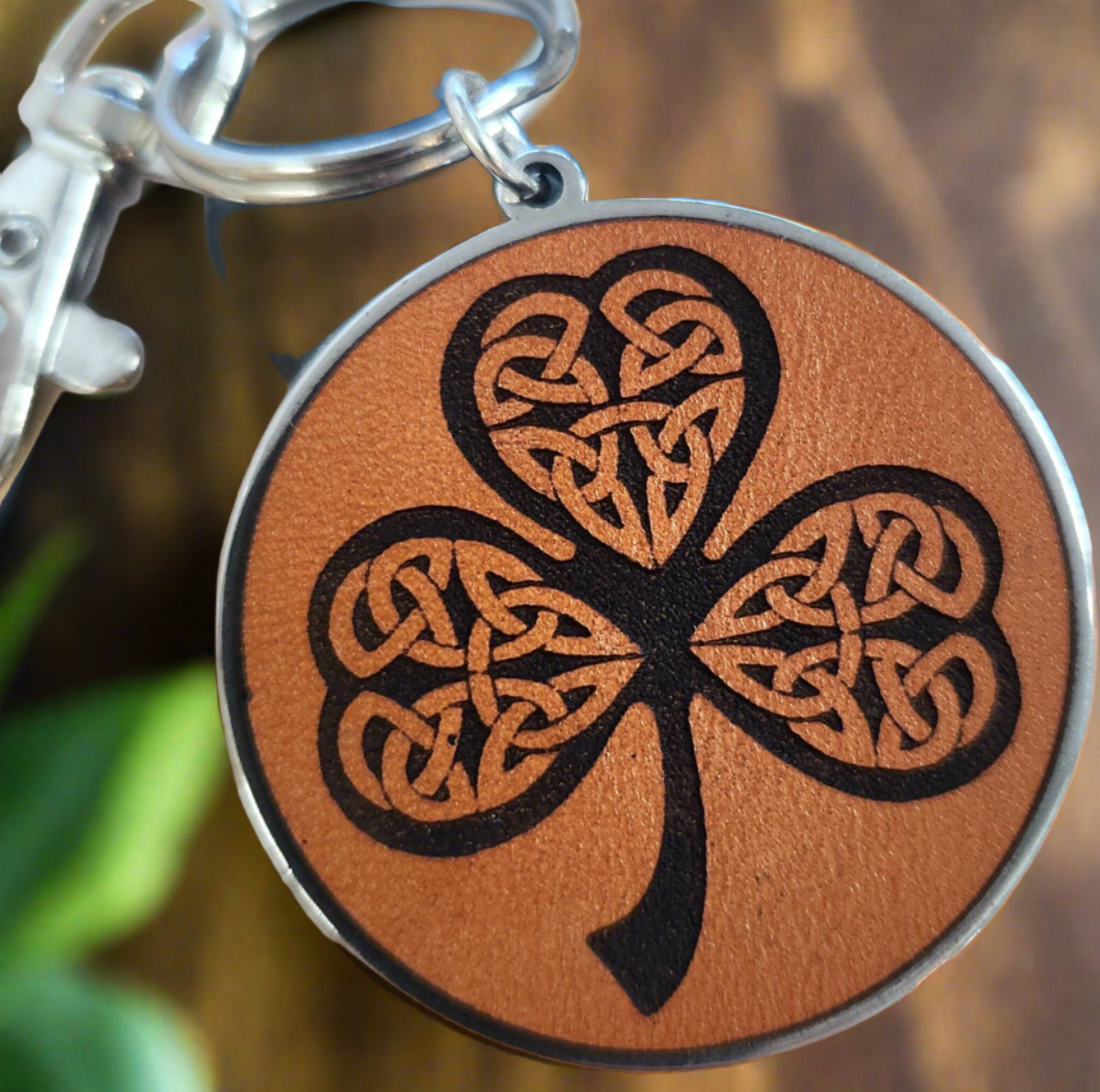 Shamrock Leather Key ring -add your message to back