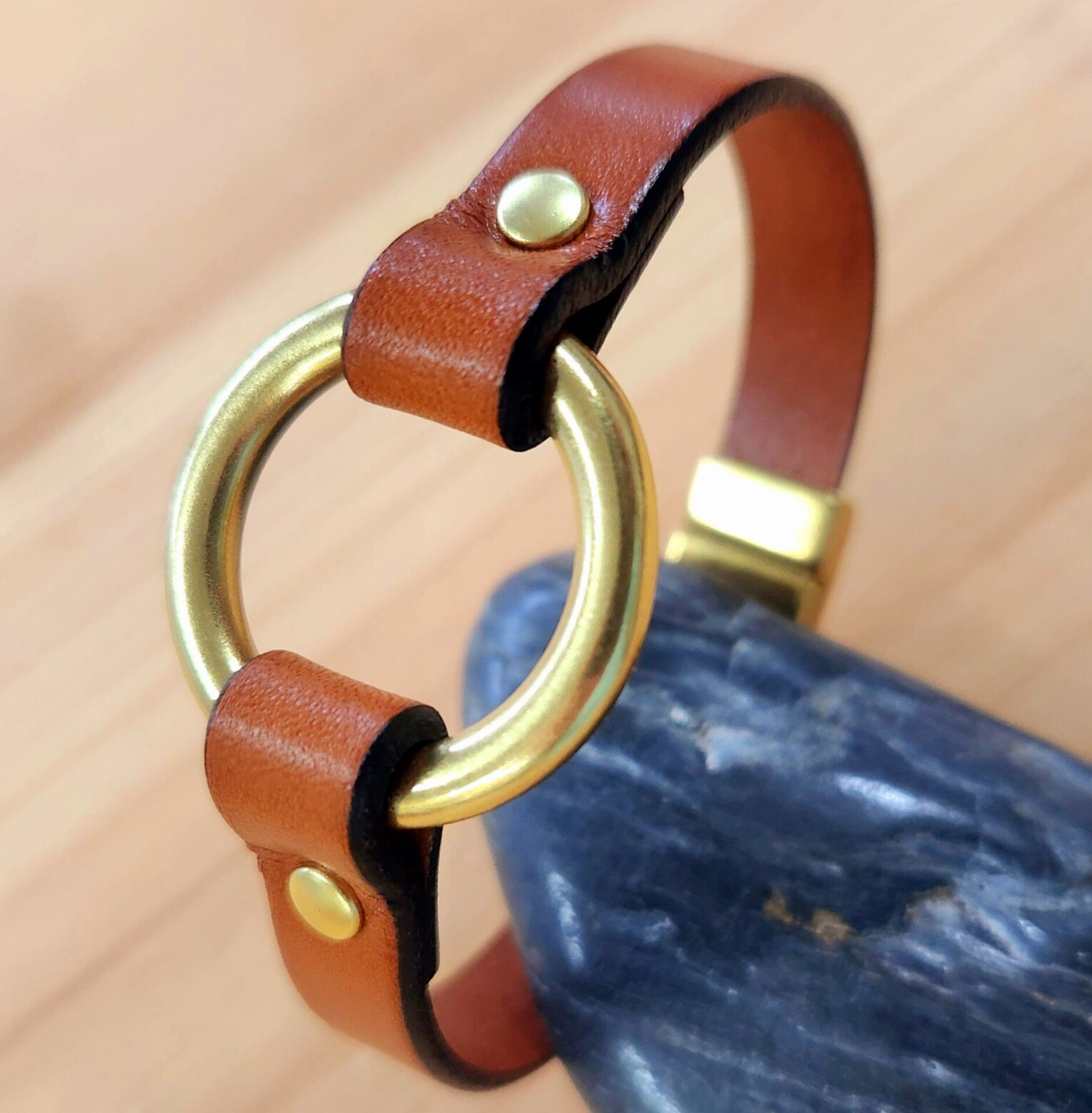 Gold Ring leather bracelet - vintage ring bracelet