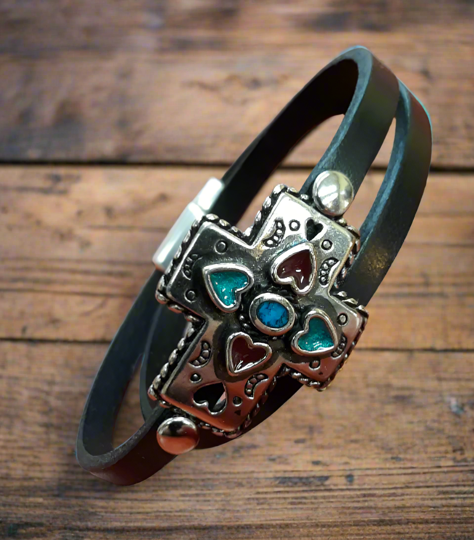 Turquoise Cross Leather Wrap Bracelet