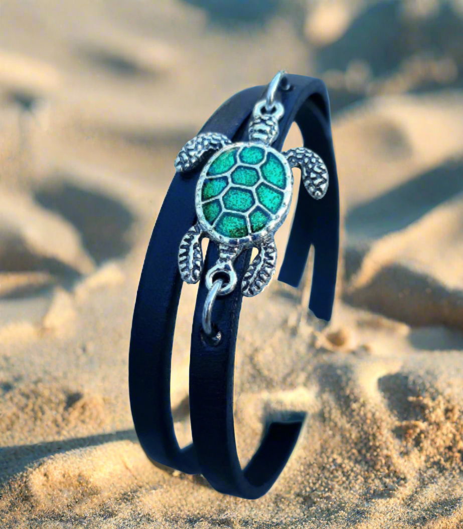 Sea Turtle with Green shell leather bracelet - Double wrap bracelet