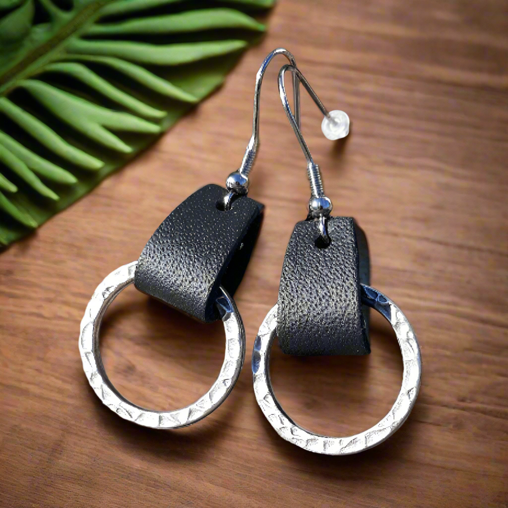 Leather &  Hammered Metal  Earrings