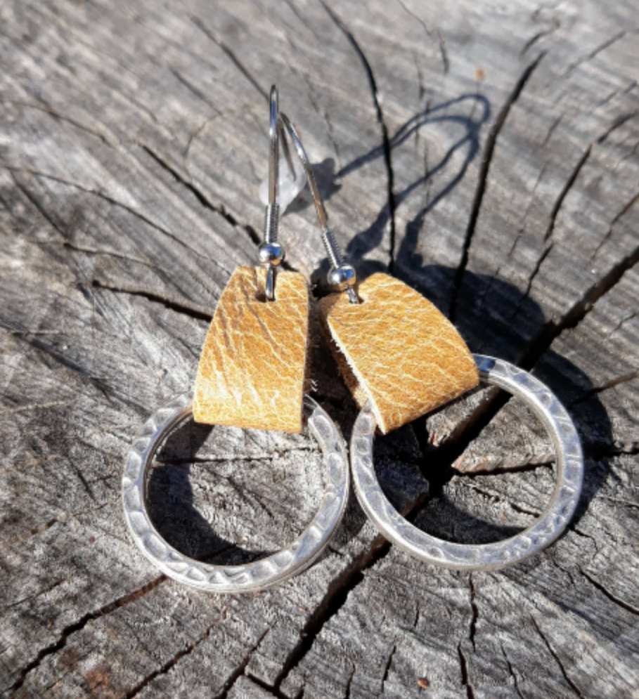 Leather &  Hammered Metal  Earrings