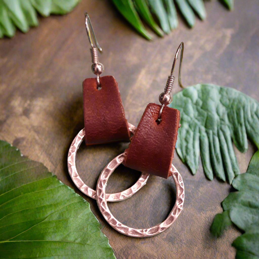 Leather &  Hammered Metal  Earrings