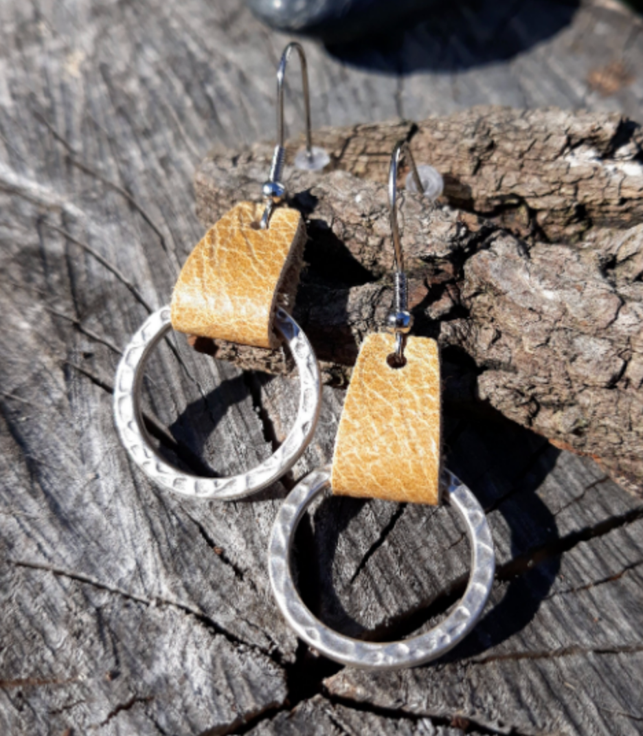 Leather &  Hammered Metal  Earrings